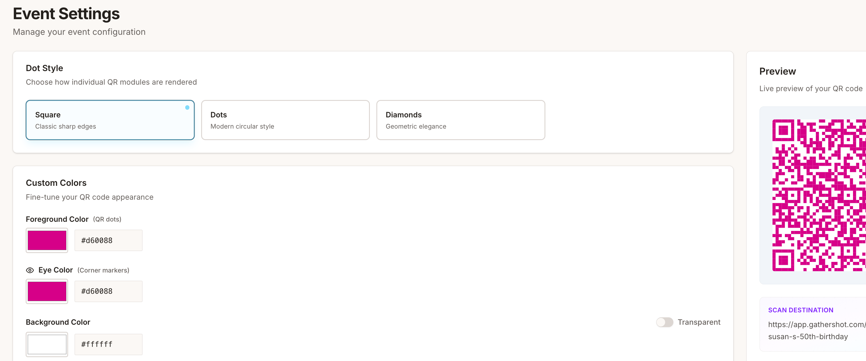 QR code and shareable link for guests to upload without an app